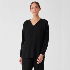 Eileen Fisher Silk Georgette Crepe Dolman Sleeve Top Womens XS Black Damaged